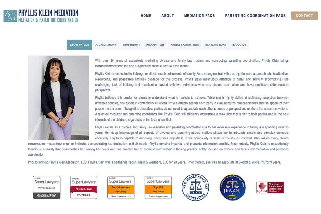 Phyllis Klein Mediation mediation practice website, new jersey mediator, designed by Dan Gilroy Design