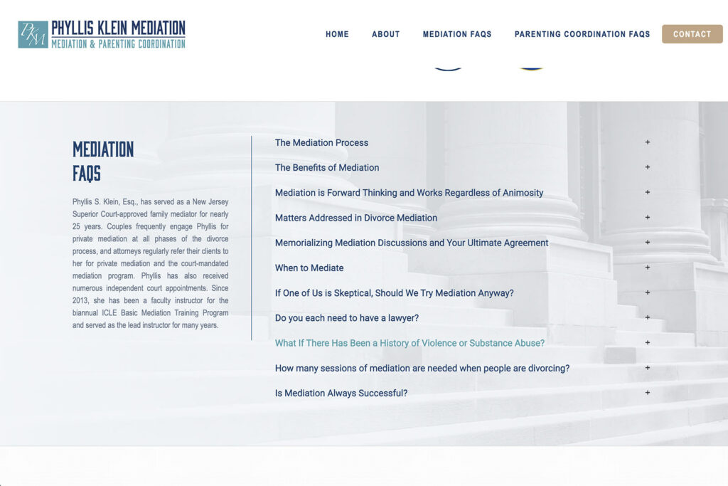 Phyllis Klein Mediation mediation practice website, site design view 2, designed by Dan Gilroy Design