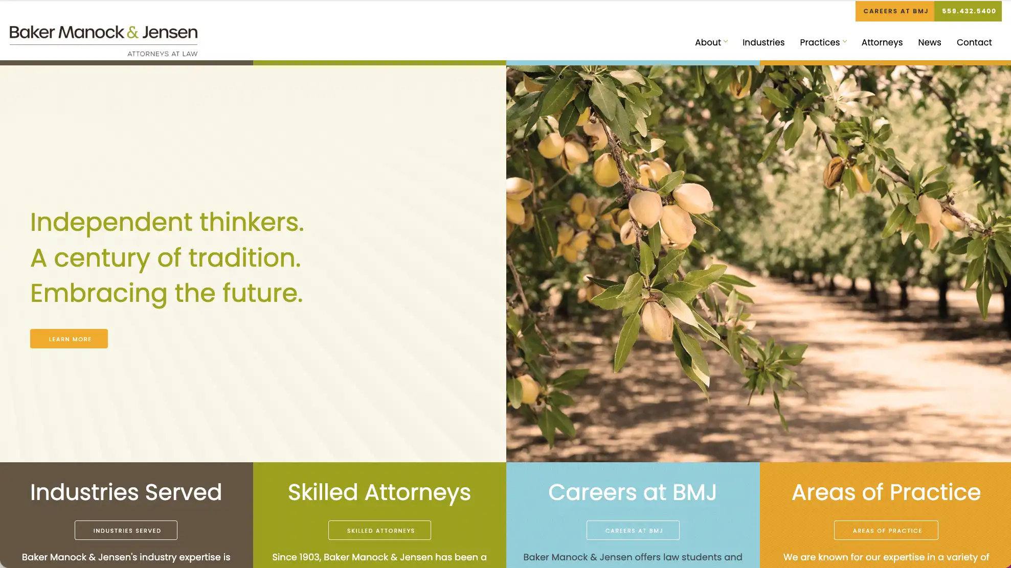 Baker Manock and Jensen homepage using brown, green, blue, and yellow