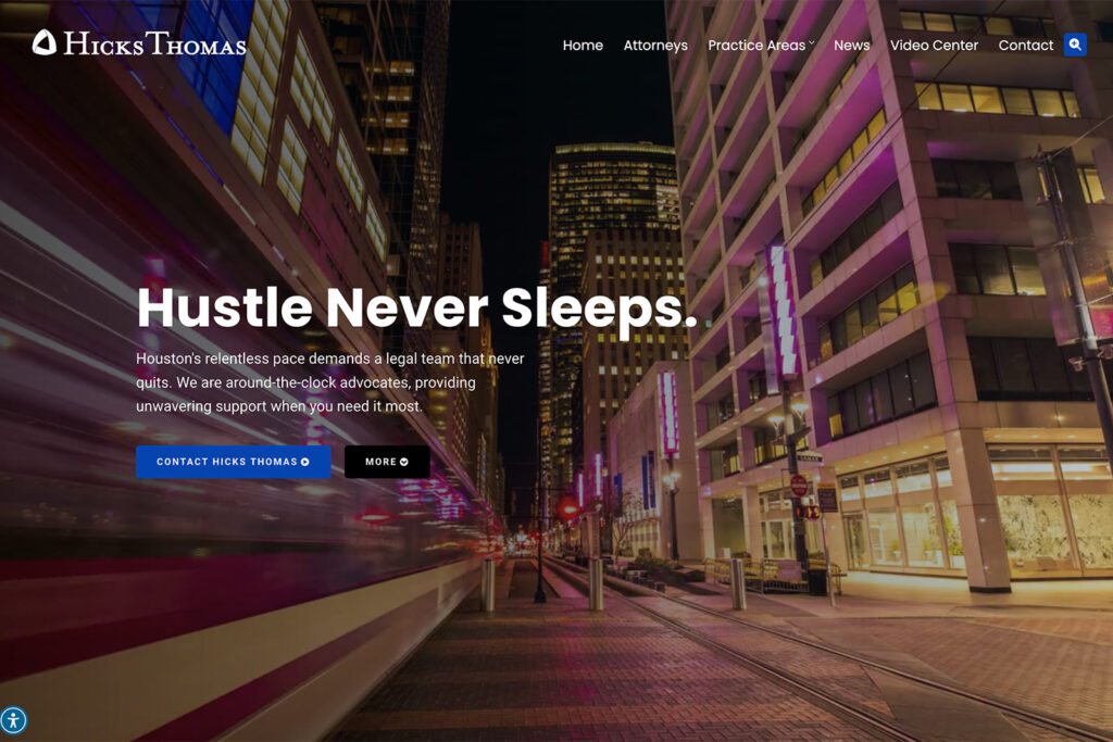 Hicks Thomas LLP law firm website, homepage above the fold, designed by Dan Gilroy Design