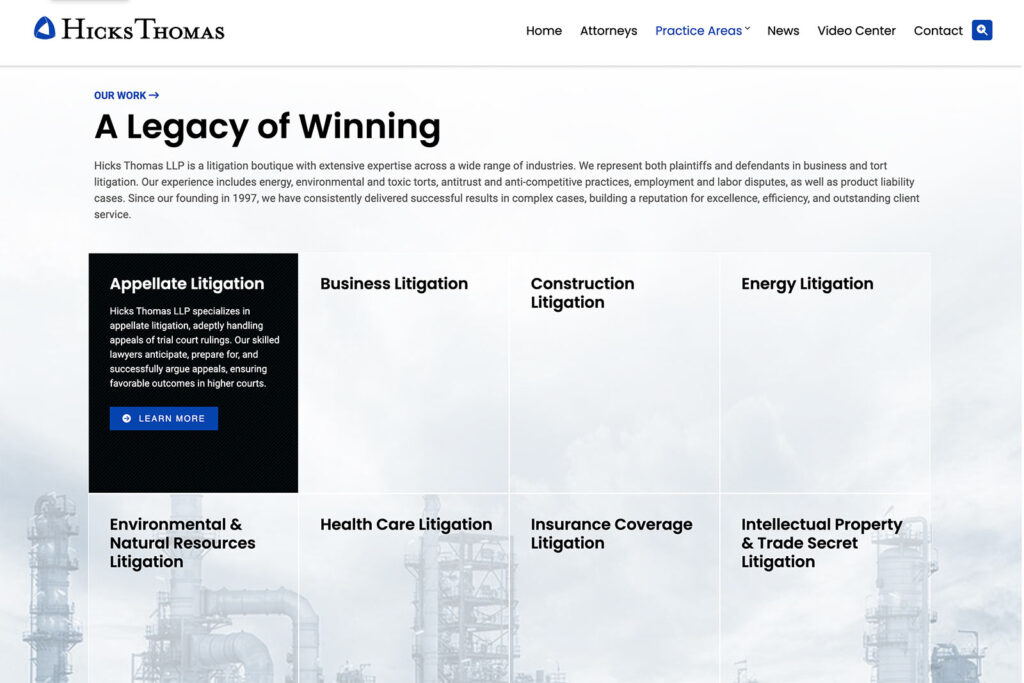 Hicks Thomas LLP law firm website, site design view 3, designed by Dan Gilroy Design