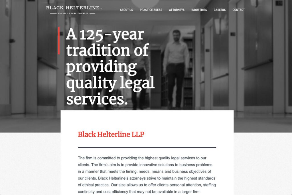 Black Helterline law firm website, homepage above the fold (2025), designed by Dan Gilroy Design