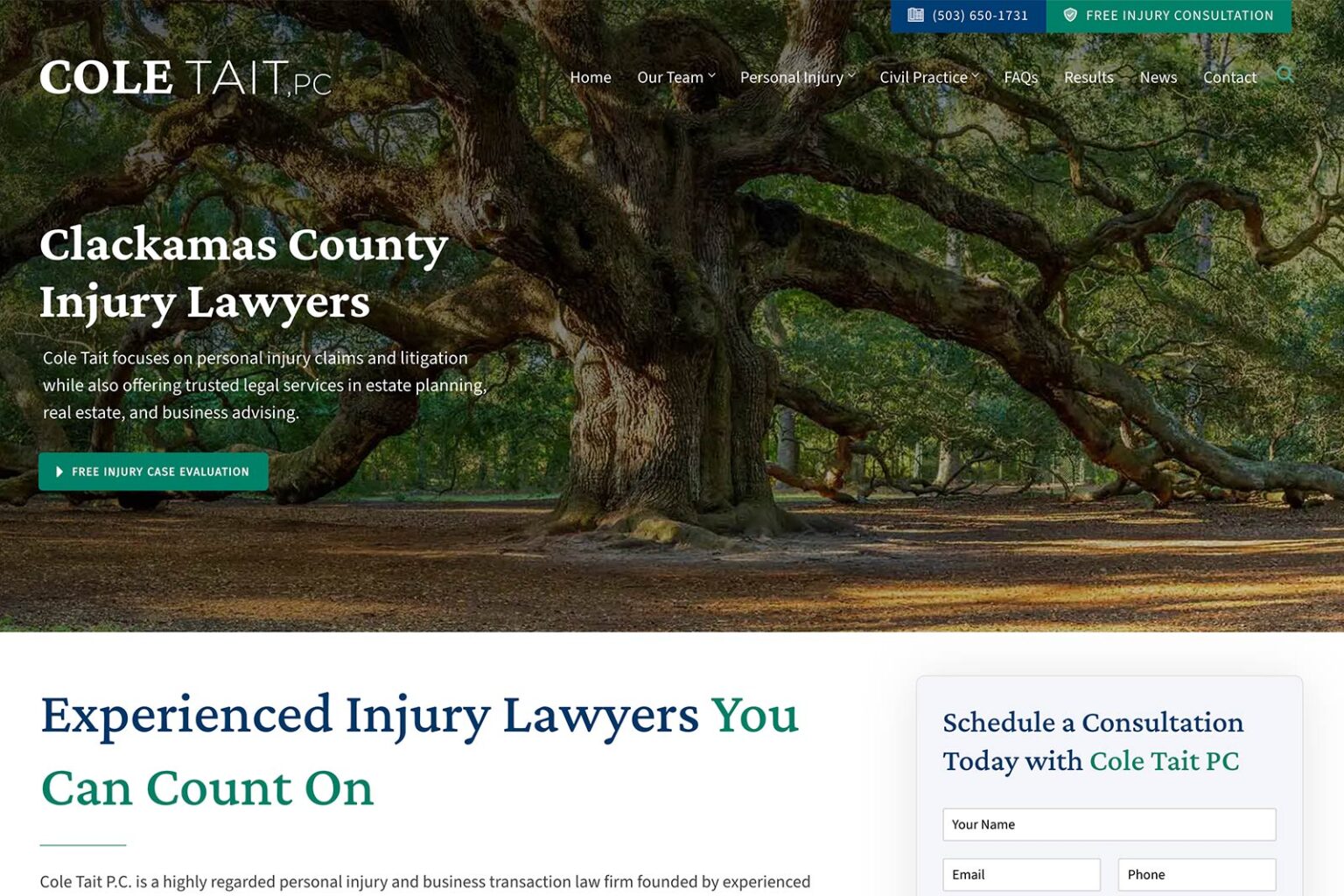 Cole Tait, PC law firm website, homepage above the fold, designed by Dan Gilroy Design