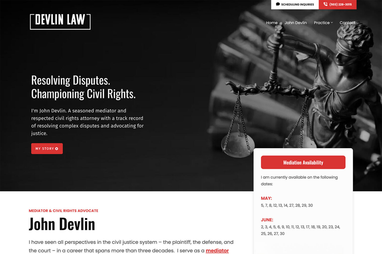 Devlin Law mediation practice website, homepage above the fold, designed by Dan Gilroy Design