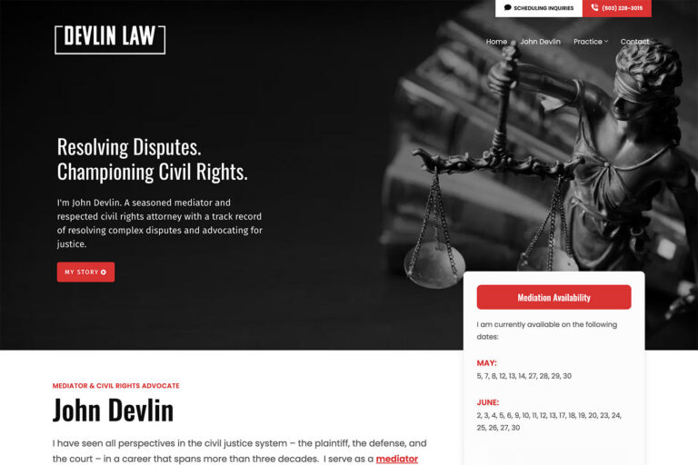 Devlin Law mediation practice website, homepage above the fold, designed by Dan Gilroy Design