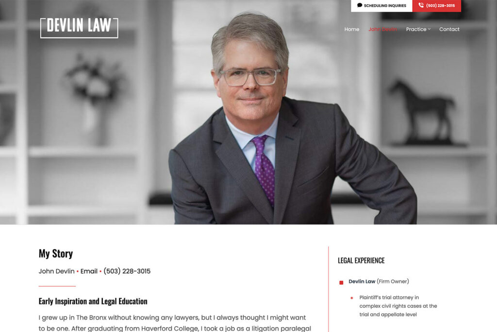 Devlin Law mediation practice website, site design view 2, designed by Dan Gilroy Design