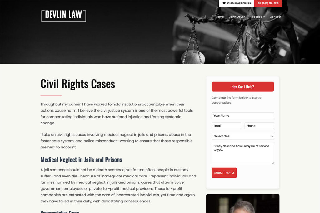 Devlin Law mediation practice website, site design view 3, designed by Dan Gilroy Design