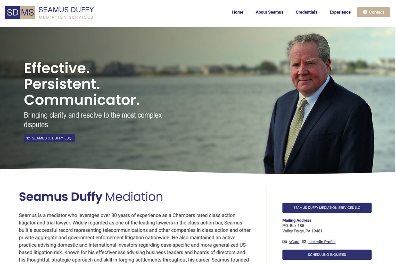 Seamus Duffy Mediation mediation practice website, homepage above the fold, designed by Dan Gilroy Design
