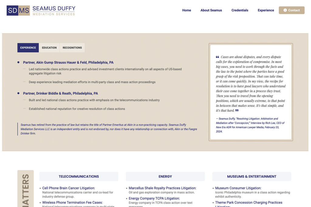Seamus Duffy Mediation mediation practice website, site design view 2, designed by Dan Gilroy Design