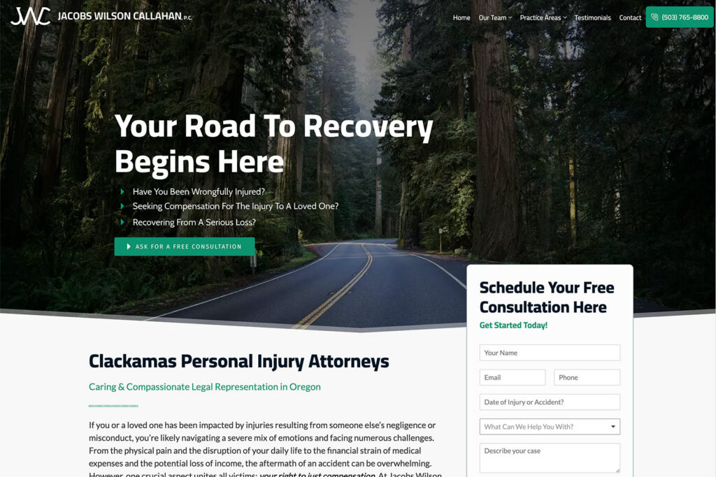 Jacobs Wilson Callahan law firm website, homepage above the fold, designed by Dan Gilroy Design