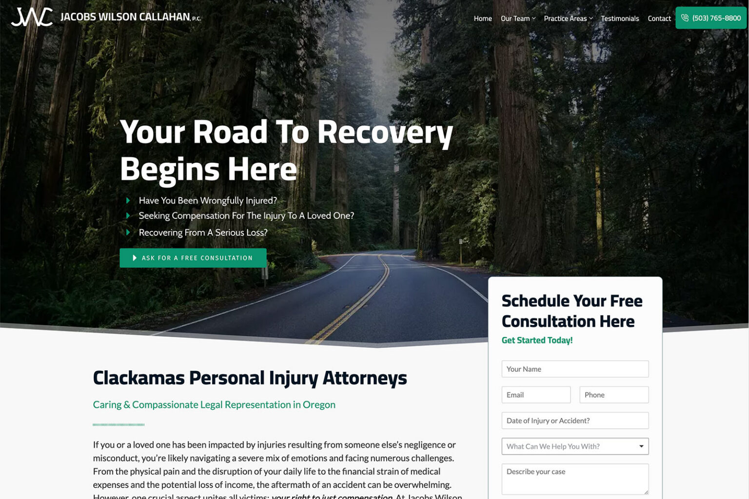 Jacobs Wilson Callahan law firm website, homepage above the fold, designed by Dan Gilroy Design