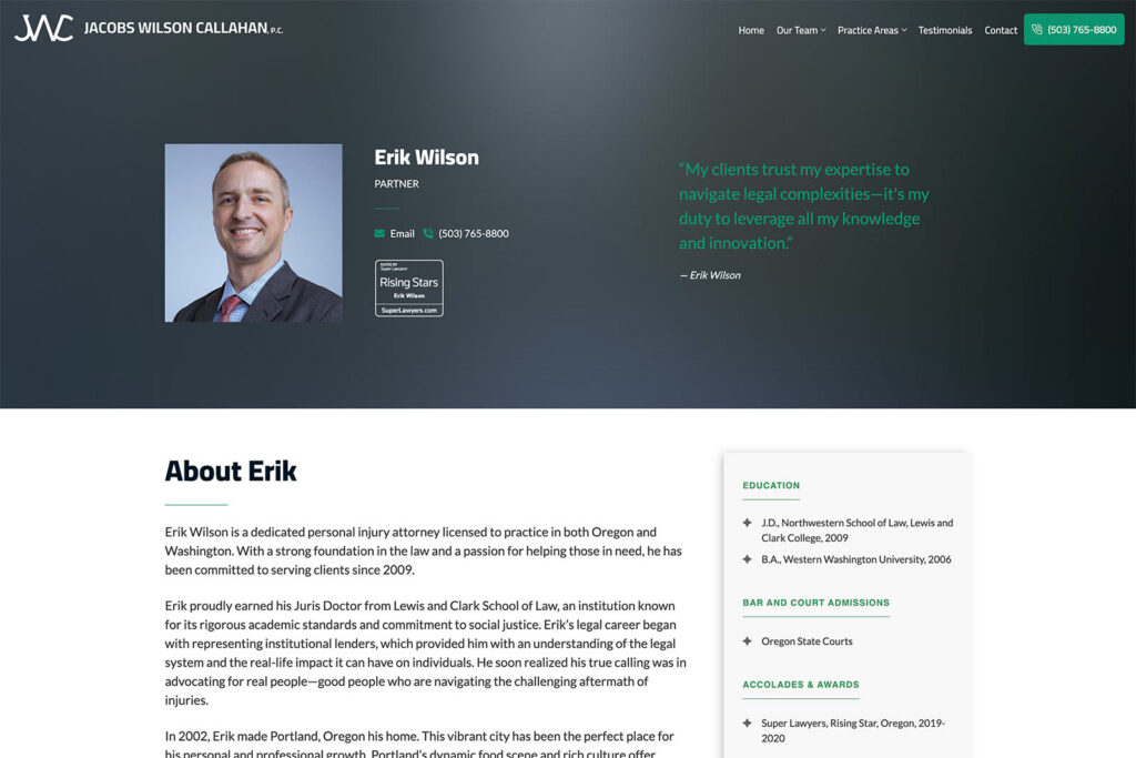 Jacobs Wilson Callahan law firm website, site design view 3, designed by Dan Gilroy Design