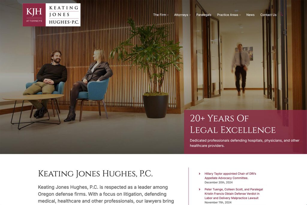 Keating Jones Hughes, P.C. law firm website, homepage above the fold (2025), designed by Dan Gilroy Design