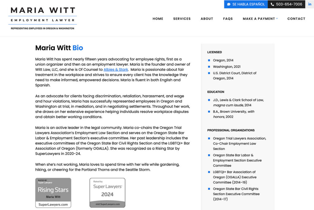 Maria Witt law firm website, site design view 2, designed by Dan Gilroy Design