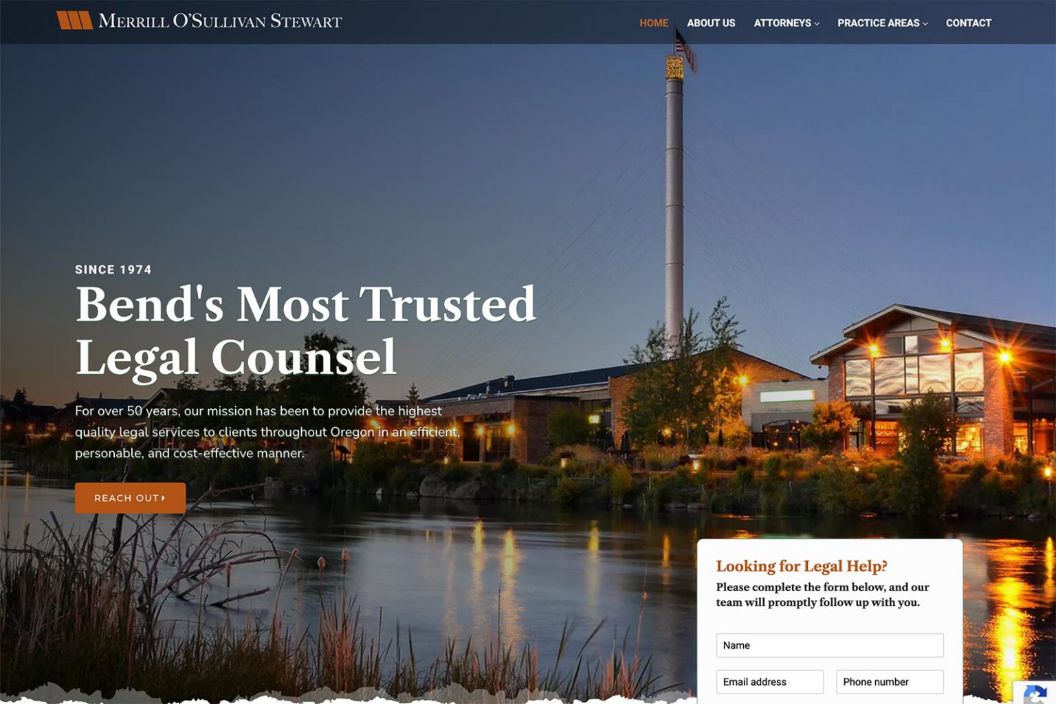 Merrill O’Sullivan & Stewart law firm website, homepage above the fold, designed by Dan Gilroy Design