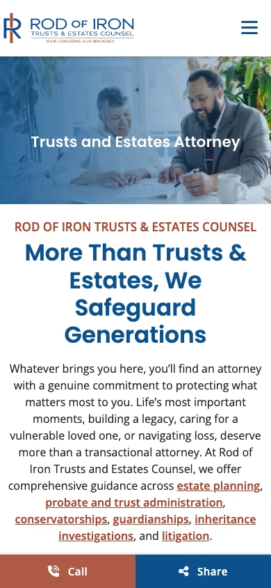 Rod of Iron Trusts & Estates Counsel law firm website, mobile homepage above the fold, designed by Dan Gilroy Design
