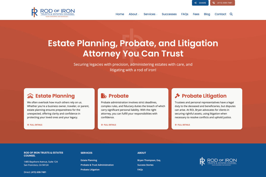 Rod of Iron Trusts & Estates Counsel law firm website, site design view 2, designed by Dan Gilroy Design