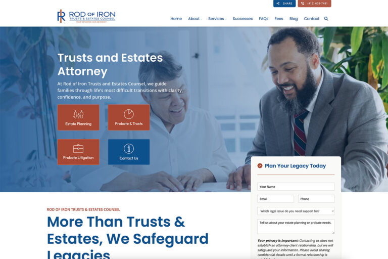 Rod of Iron Trusts & Estates Counsel law firm website, homepage above the fold, designed by Dan Gilroy Design