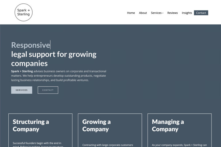 Spark + Sterling law firm website, homepage above the fold, designed by Dan Gilroy Design