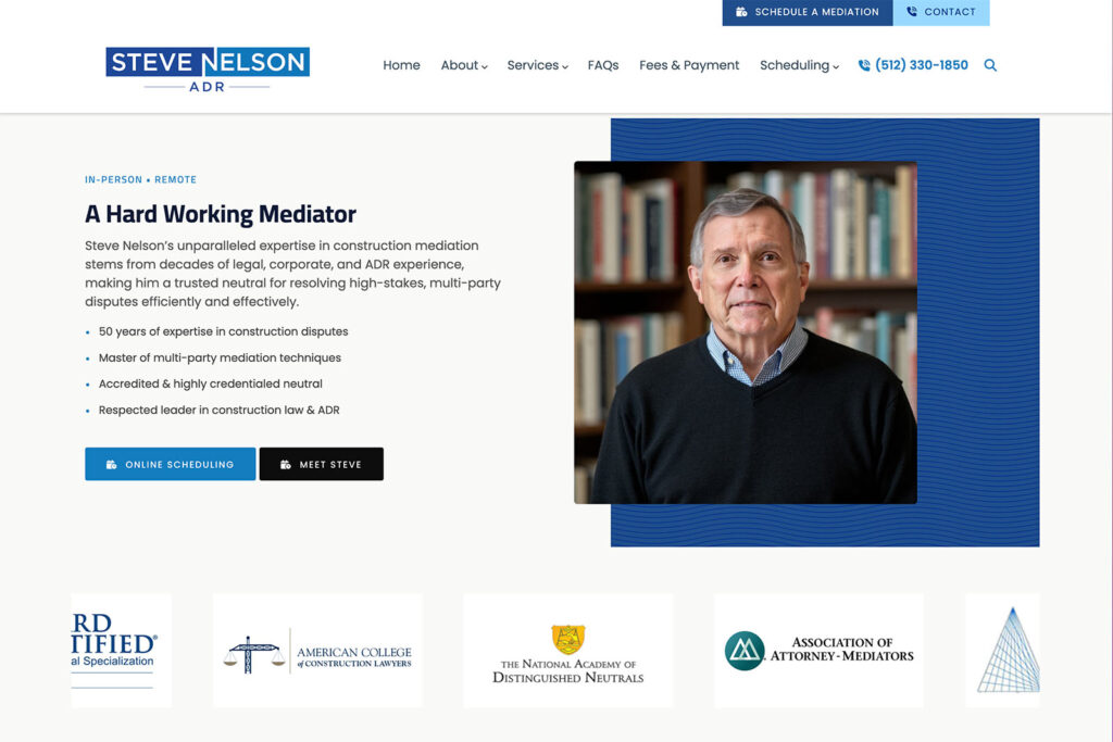 Steve Nelson ADR mediation practice website, site design view 2, designed by Dan Gilroy Design