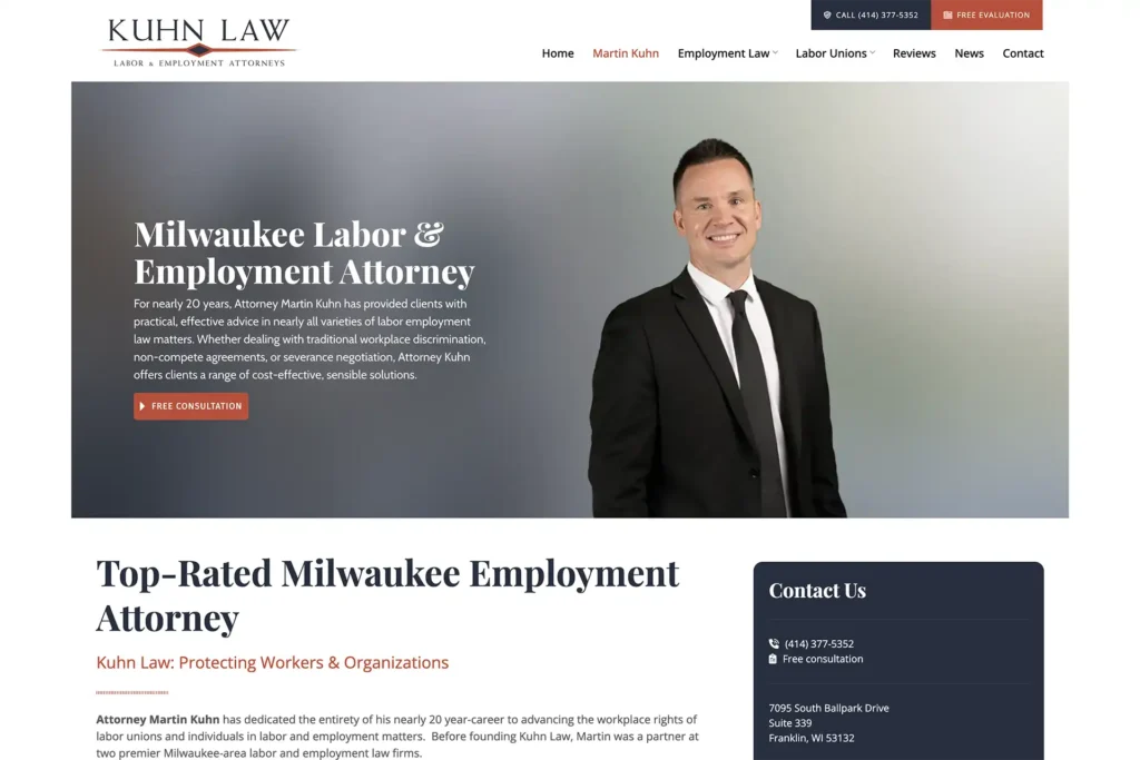Kuhn Law law firm website, employment law website, designed by Dan Gilroy Design