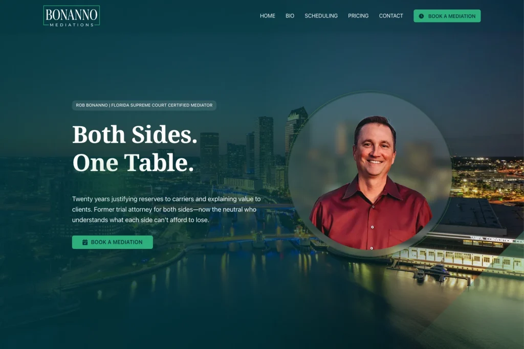 Bonanno Mediations mediation practice website, homepage above the fold, designed by Dan Gilroy Design
