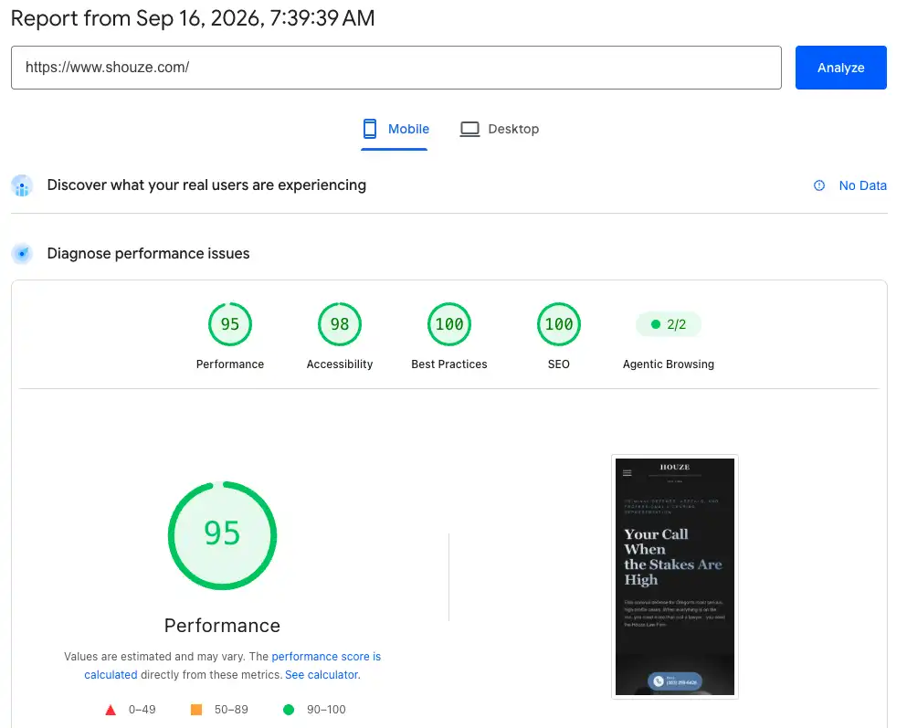 lighthouse mobile speed test results