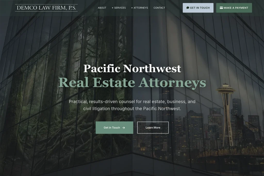 Demco Law Firm law firm website, homepage above the fold, designed by Dan Gilroy Design