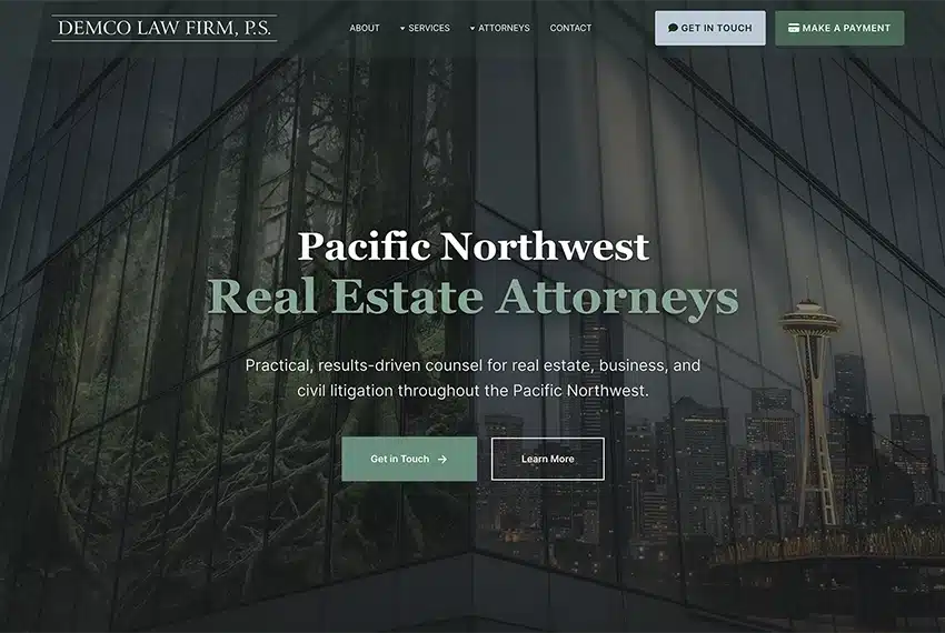 Screenshot of Demco Law Firm hero section. An example of premium law firm web design techniques.