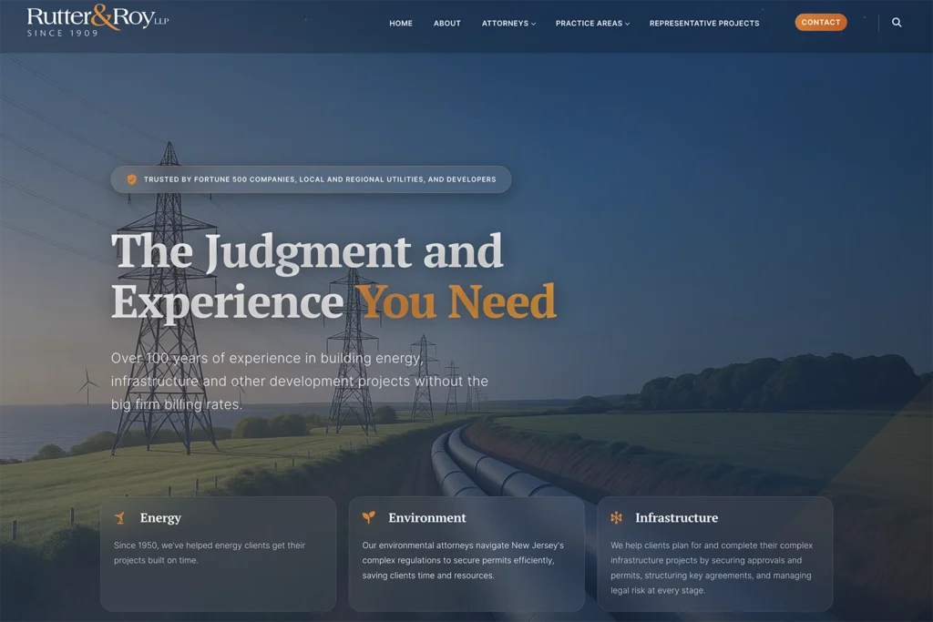 Rutter & Roy LLP law firm website, homepage above the fold, designed by Dan Gilroy Design