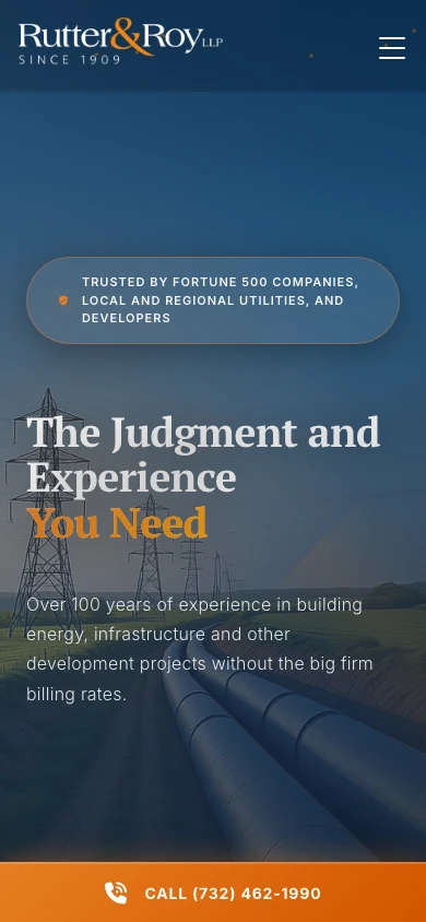 Rutter & Roy LLP law firm website, mobile homepage above the fold, designed by Dan Gilroy Design