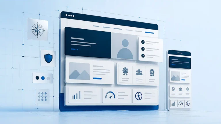 Conceptual illustration of a responsive law firm website built around trust, credibility, accessibility, and performance.