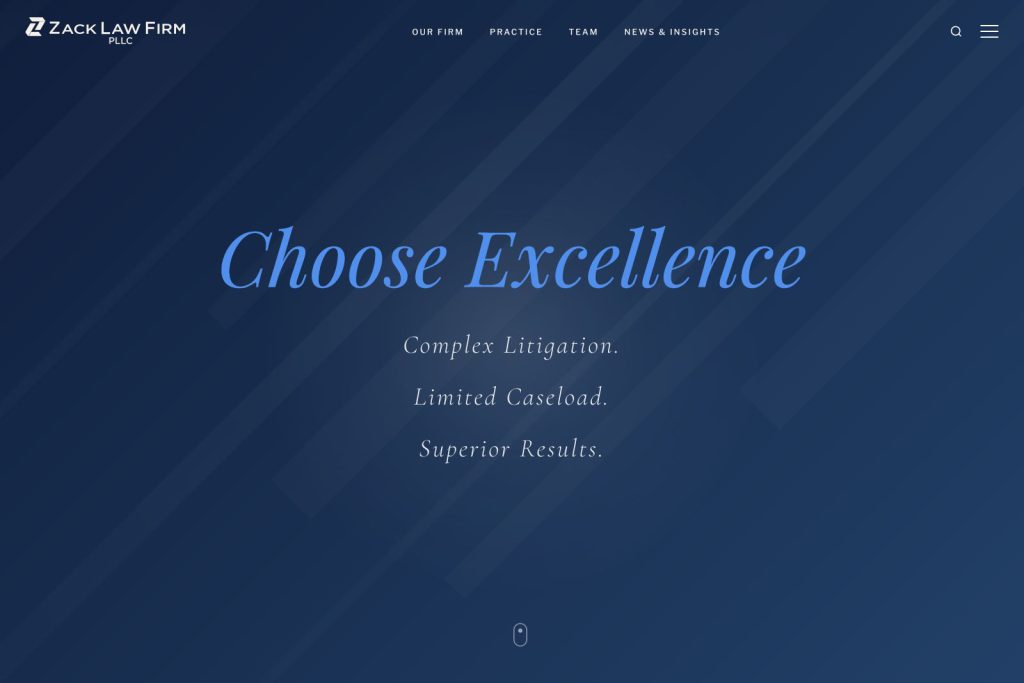 Zack Law Firm commercial litigation website homepage, designed by Dan Gilroy Design