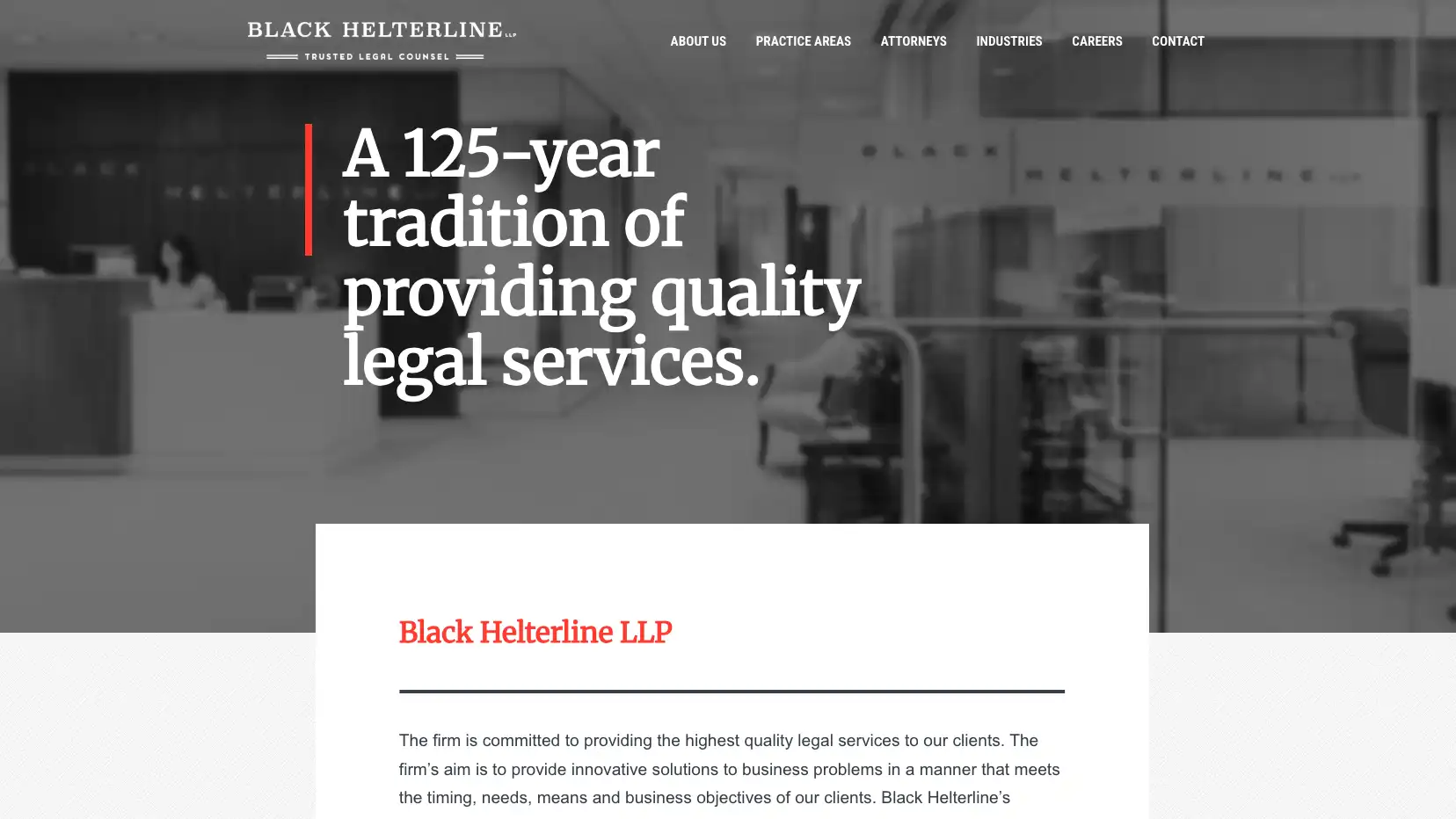 Black Helterline homepage using red, gray, and white