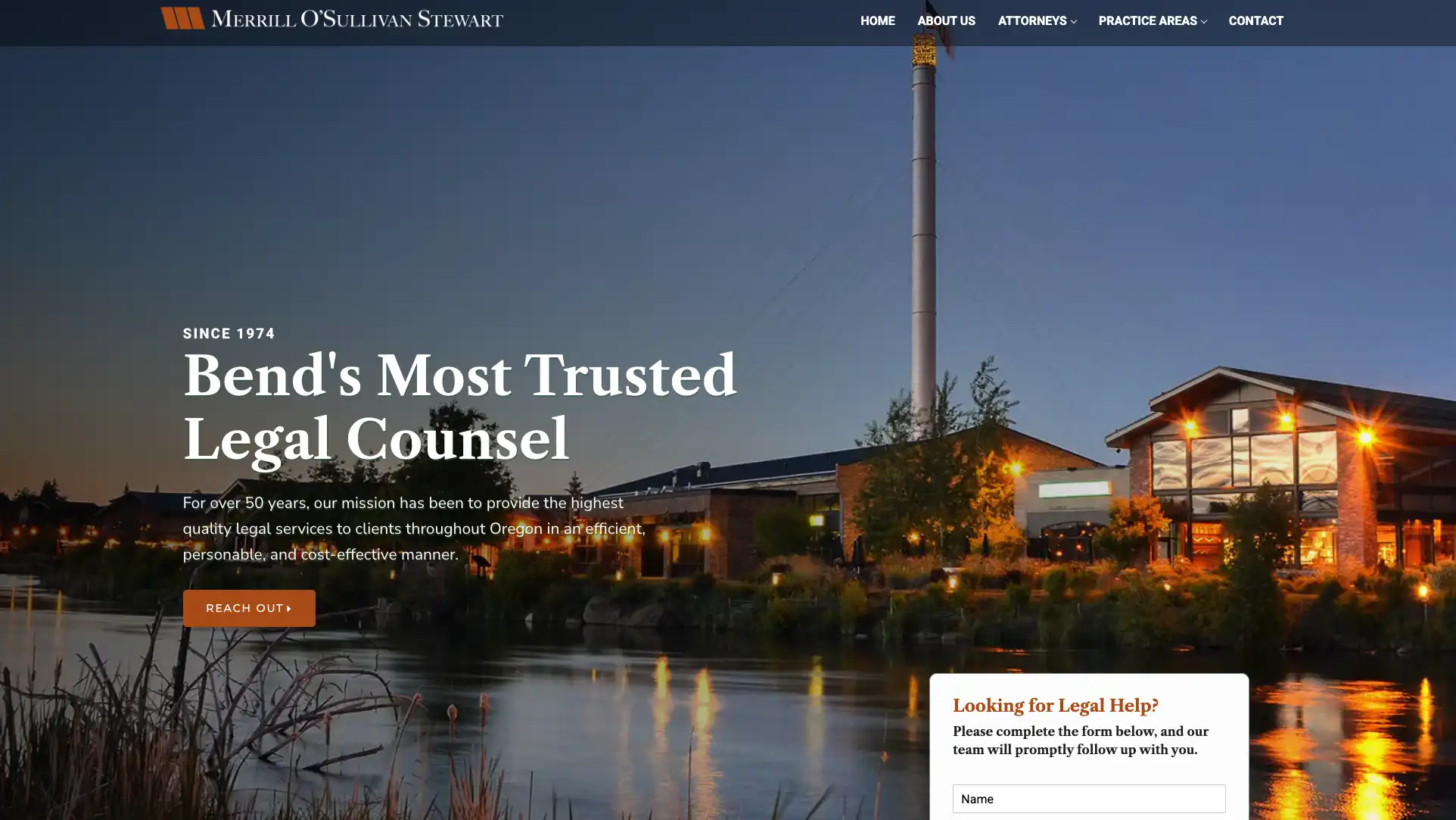 Merrill O’Sullivan Stewart homepage using slate, orange, and off-white