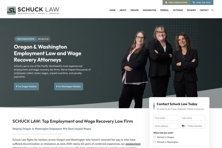 Schuck Law employment law website homepage after the September 2025 redesign by Dan Gilroy Design
