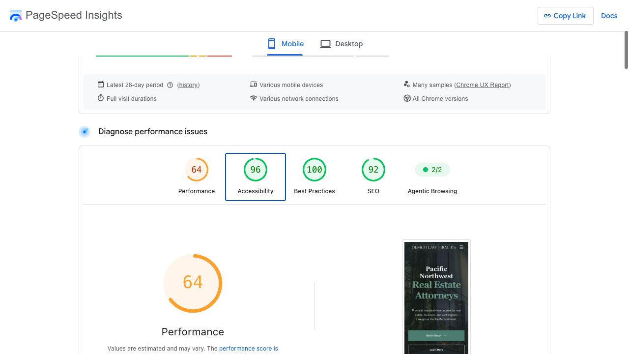 Demco Law Firm Mobile Lighthouse report. Performance 64; Accessibility 96; Best Practices 100; SEO 92.