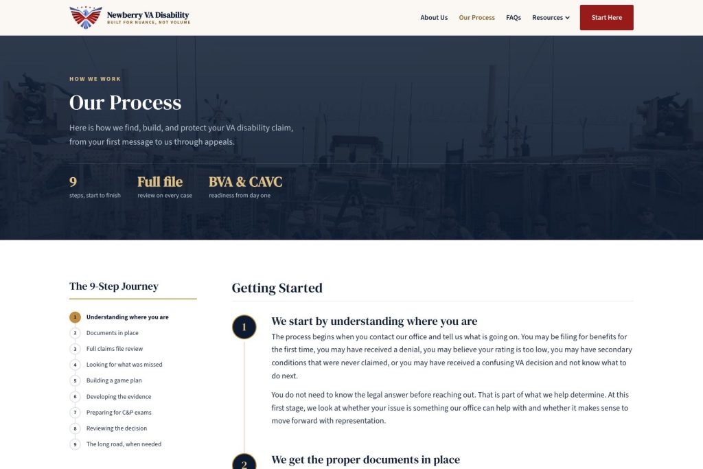 Newberry VA Disability Law Our Process page desktop design