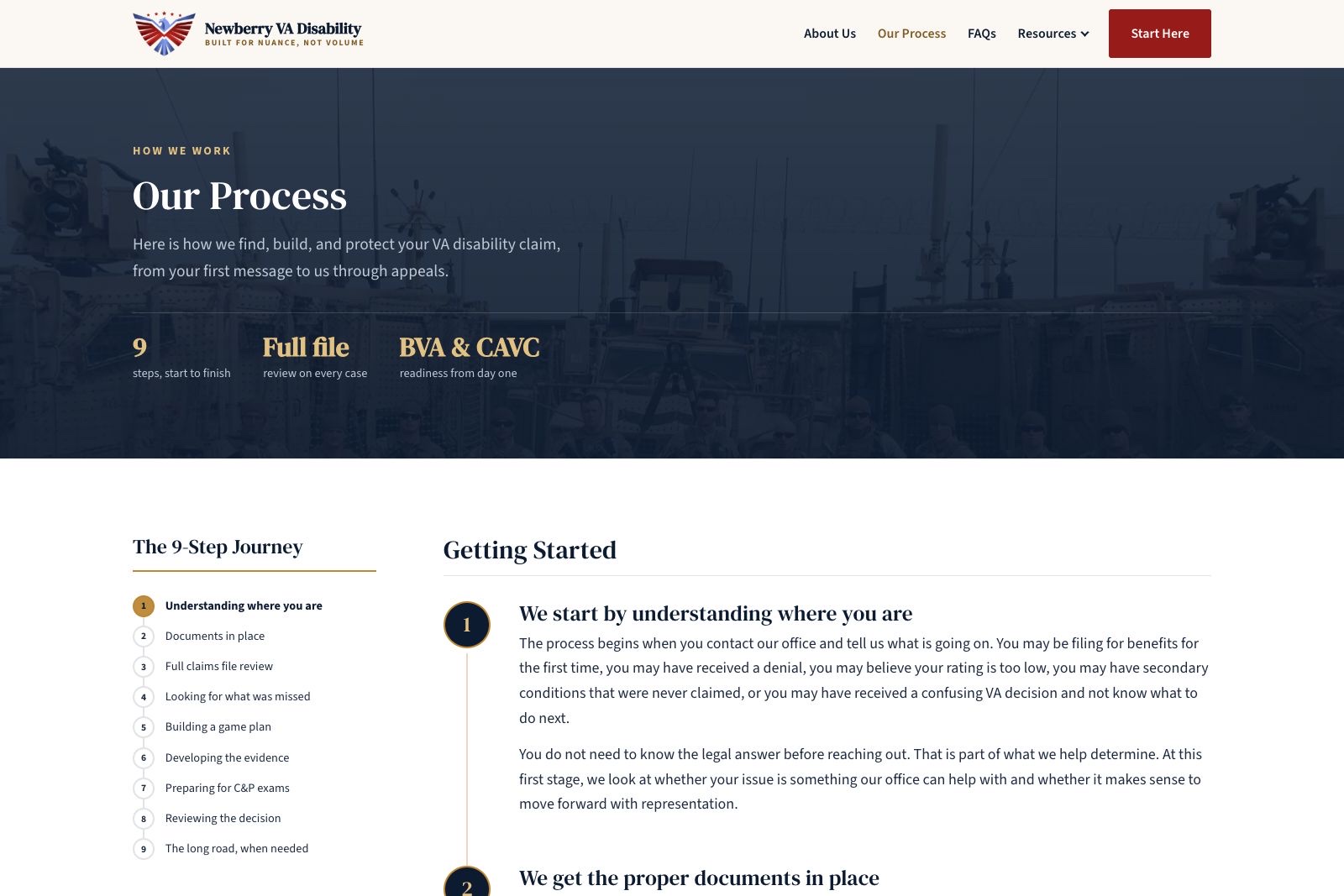 Newberry VA Disability Law Our Process page desktop design
