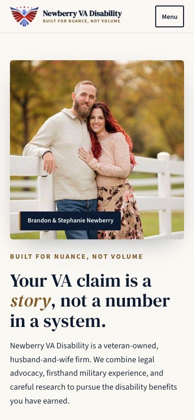 Newberry VA Disability Law homepage on a phone