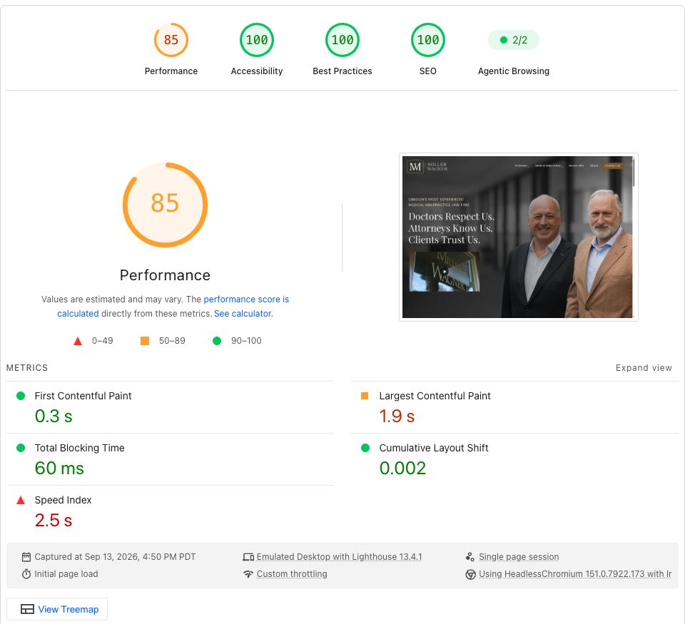 Miller & Wagner Desktop Lighthouse report. Performance 85; Accessibility 100; Best Practices 100; SEO 100.