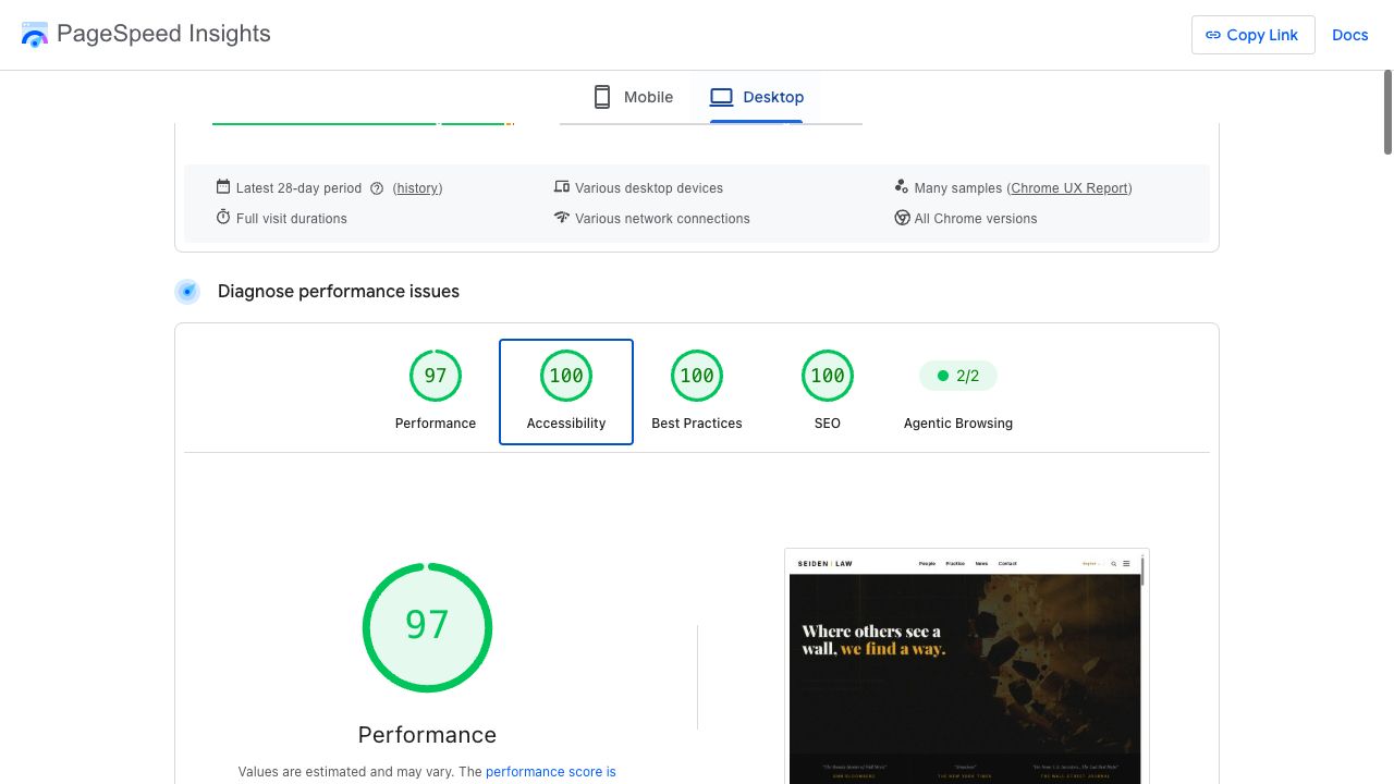 Seiden Law LLP Desktop Lighthouse report. Performance 97; Accessibility 100; Best Practices 100; SEO 100.