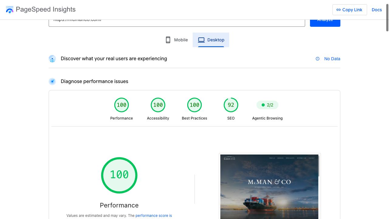 McMan & Co. Desktop Lighthouse report. Performance 100; Accessibility 100; Best Practices 100; SEO 92.