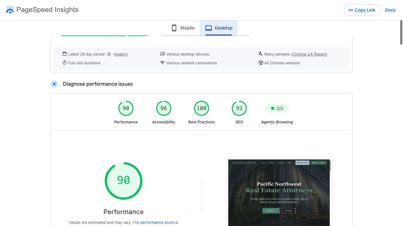 Demco Law Firm Desktop Lighthouse report. Performance 90; Accessibility 96; Best Practices 100; SEO 92.