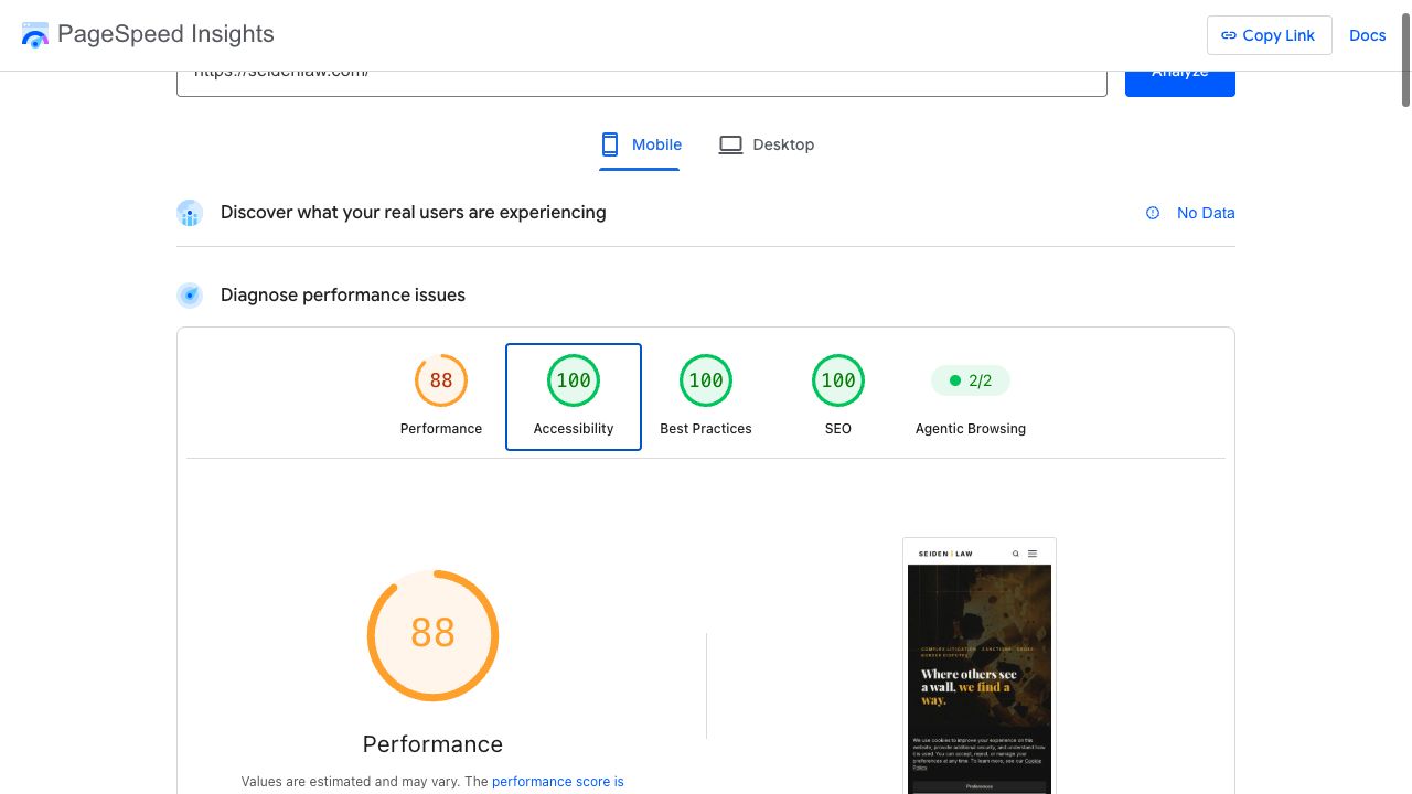 Seiden Law LLP Mobile Lighthouse report. Performance 88; Accessibility 100; Best Practices 100; SEO 100.