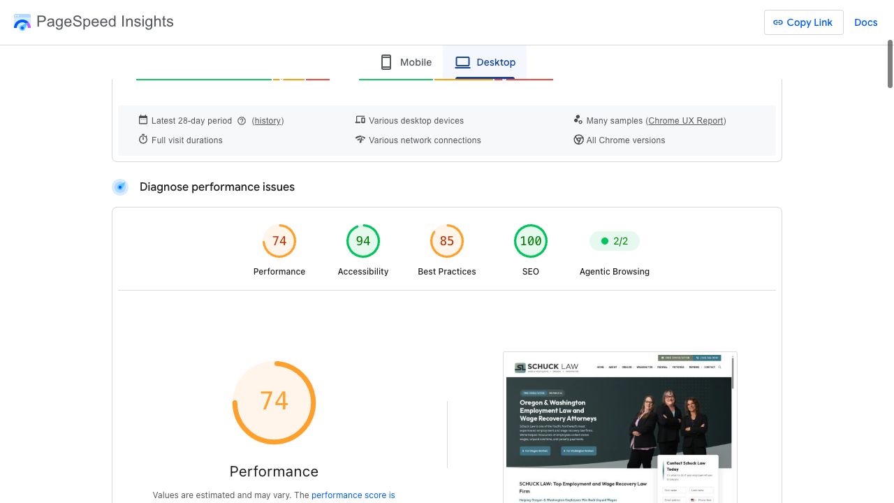Schuck Law Desktop Lighthouse report. Performance 74; Accessibility 94; Best Practices 85; SEO 100.