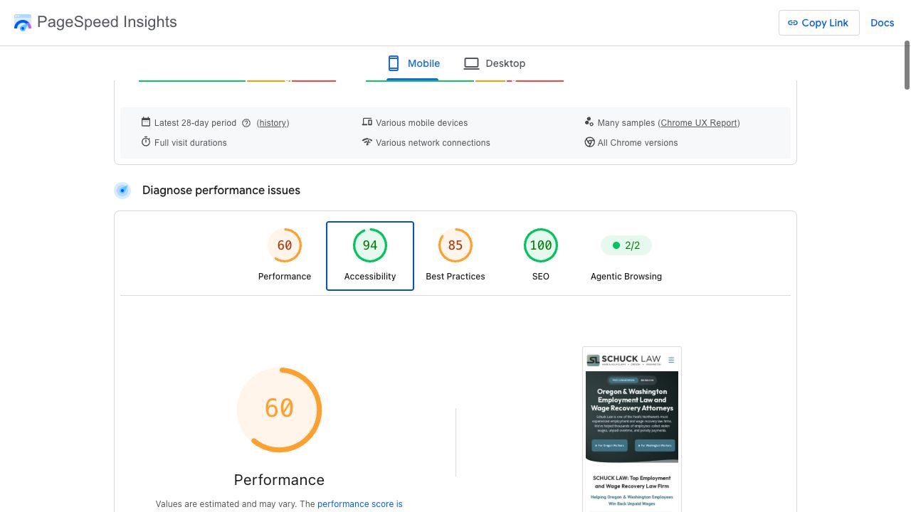 Schuck Law Mobile Lighthouse report. Performance 60; Accessibility 94; Best Practices 85; SEO 100.