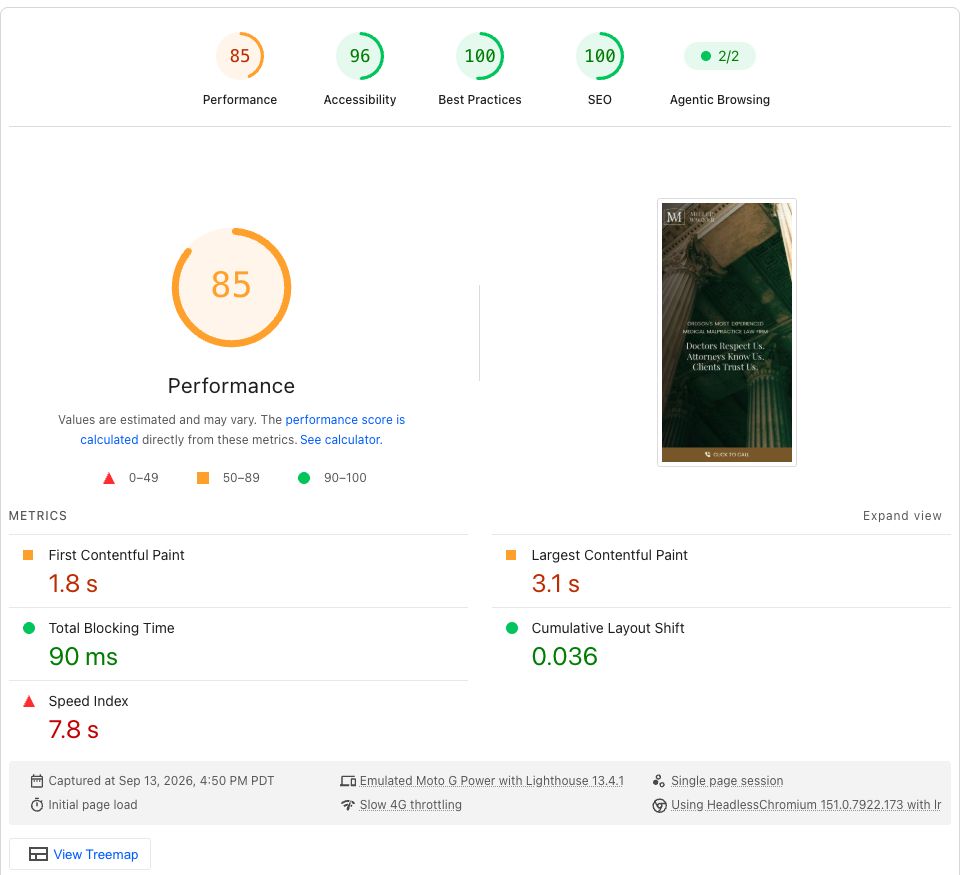 Miller & Wagner Mobile Lighthouse report. Performance 85; Accessibility 96; Best Practices 100; SEO 100.