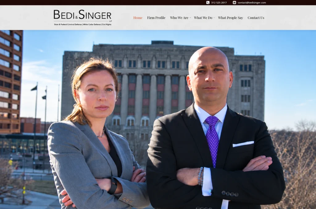 Reconstruction of the previous Bedi & Singer LLP homepage with Dena Singer and Jonathan Bedi outside the courthouse