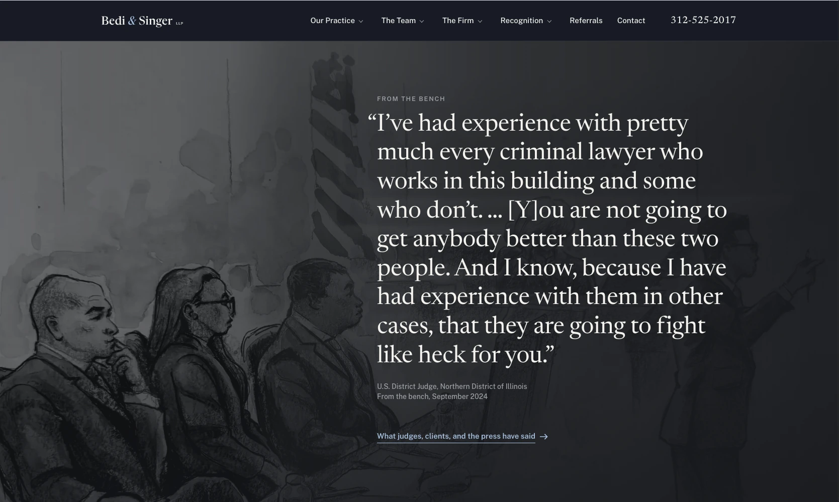 Bedi & Singer LLP homepage design with a judicial quote and courtroom illustration